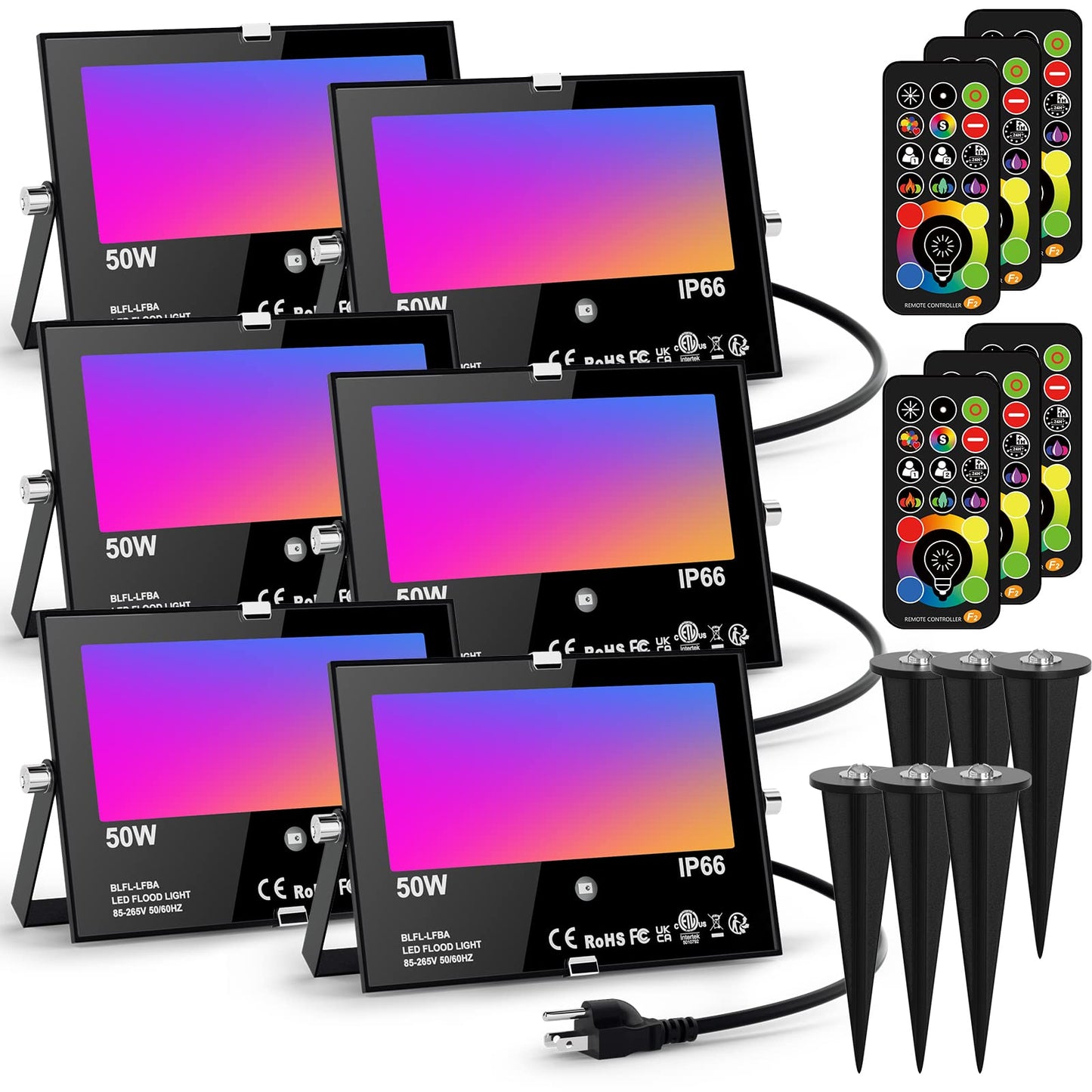 HYDONG LED Flood Light Outdoor 500W RGBW, 120 Colors Strobe, 2700K Warm White, IP66 Waterproof, 6-Pack with Stakes