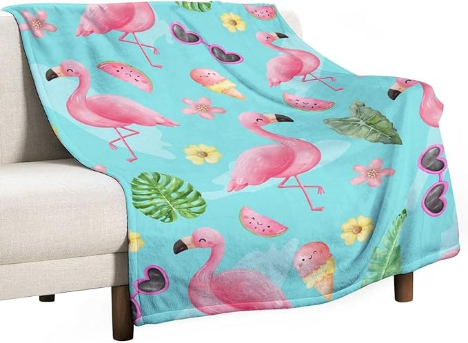 Flamingo Blankets Gifts - 60 x 80 Inches Cute Throw for Adults - Green Soft Fuzzy Plush Flamingo Blankets for Living Room