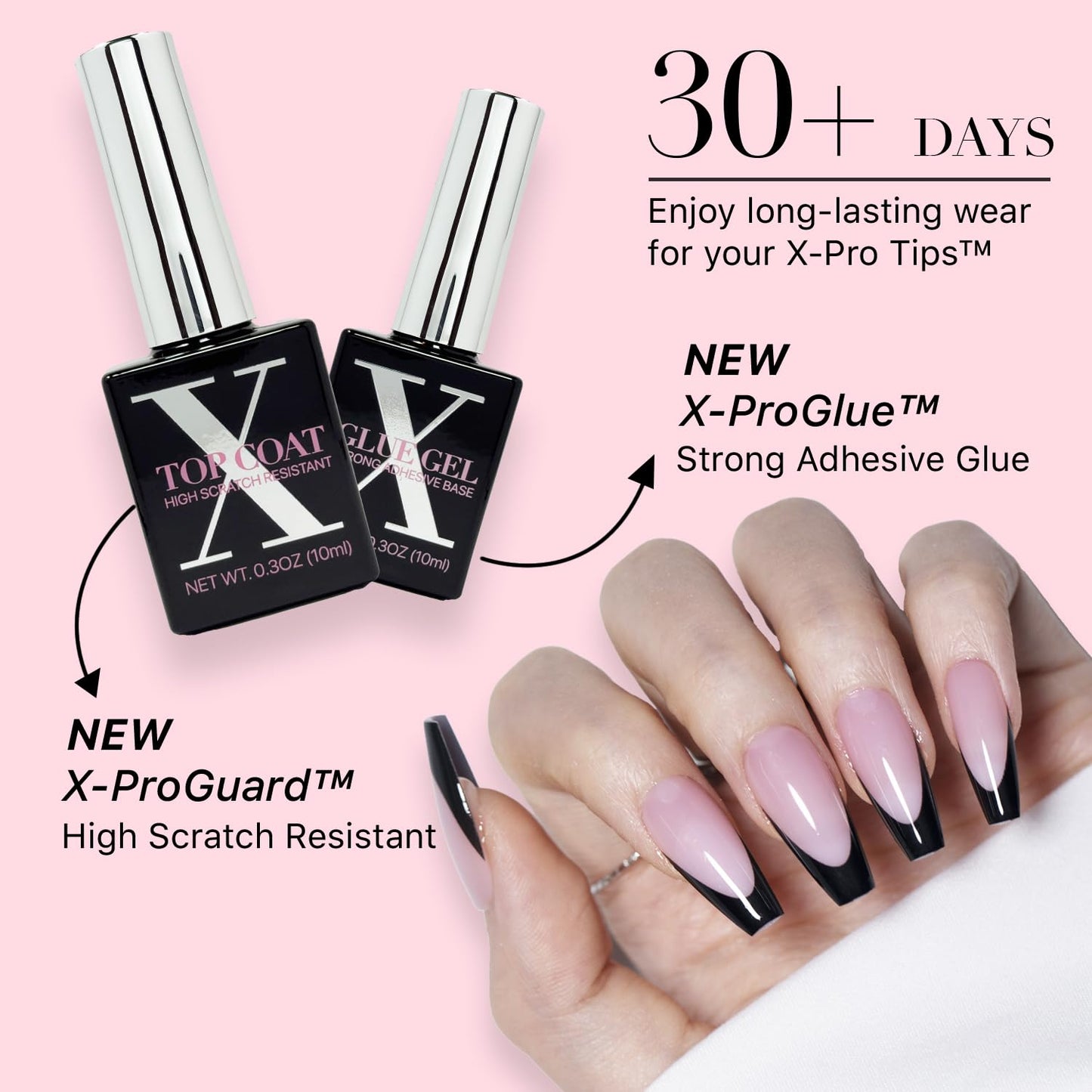 SXC Cosmetics French Tip Press On Nails - Black Series, Medium Coffin, X-Pro Tips Starter Kit | 150PCS, 15 Sizes, 5 Styles, Begi