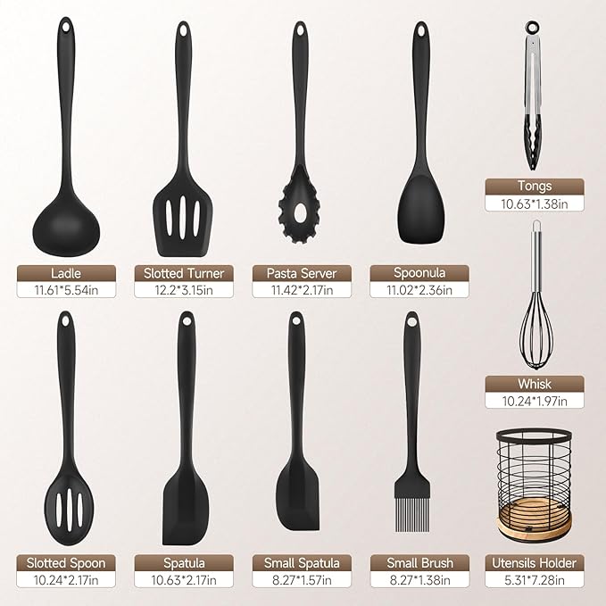 Silicone Kitchen Utensils Set with 360° Rotating 7.3'' Large Holder, Non Toxic Silicone Cooking Utensils Set for Cooking, Dishwasher Safe Kitchen Spatula Set, Heat Resistant, BPA Free, Black
