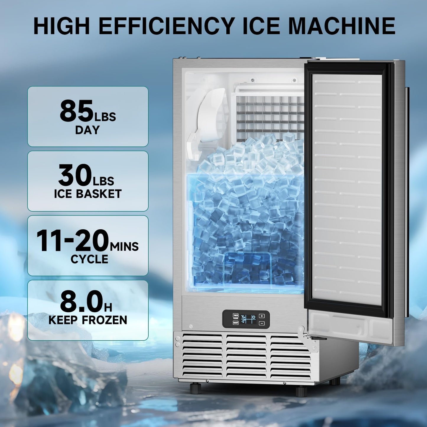 15" W Commercial Under Counter Ice Maker Machine，85 Lbs/Day with 30 LBS Storage Bin，Bulit-in Freestanding Ice Maker，Stainless Steel Under Cabinet Ice Machine，Self Cleaning，Thicknesses Adjustable