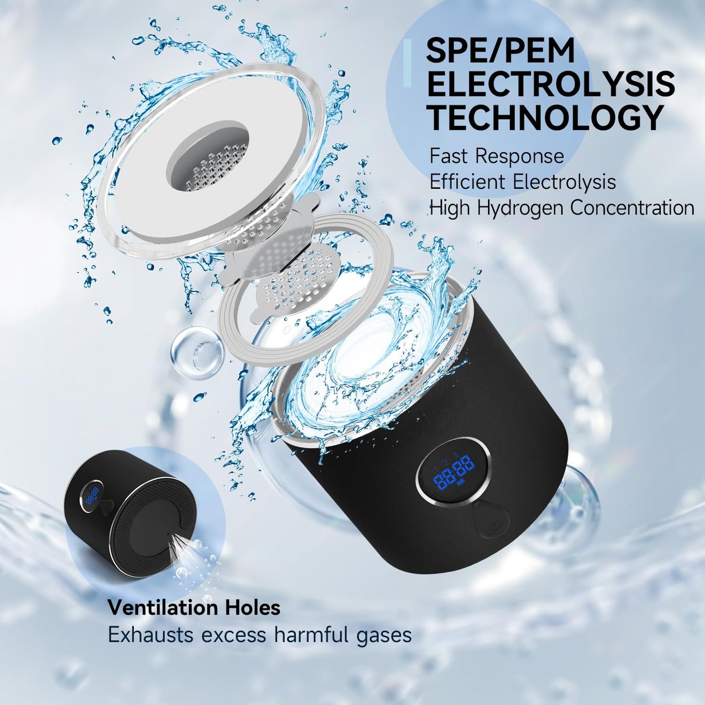 Hydrogen Water Bottle,Portable Hydrogen Water Bottle Generator with Three Modes Produces 5000 PPB of Hydrogen Water in 8 Minutes,Aluminium and Glass,with Light,Rechargeable for Travel,Office