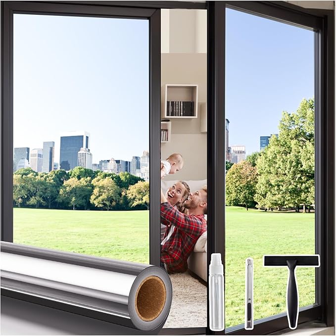 Coavas One Way Privacy Window Film,Daytime Window Tint for Home, Reflective Mirror Glass Window Film See Out Not in,Heat UV Blocking Anti-Glare Window Covers with 3 Tools, 17.5x157.5 Inch, Silver