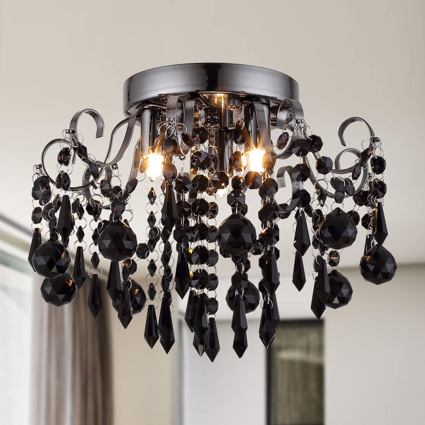 Q&S Crystal Ceiling Light Fixture, 3-Lights Chandelier, Metal, Black, Model P2001-3BK, Flush Mount for Bedroom, Hallway, Stairs