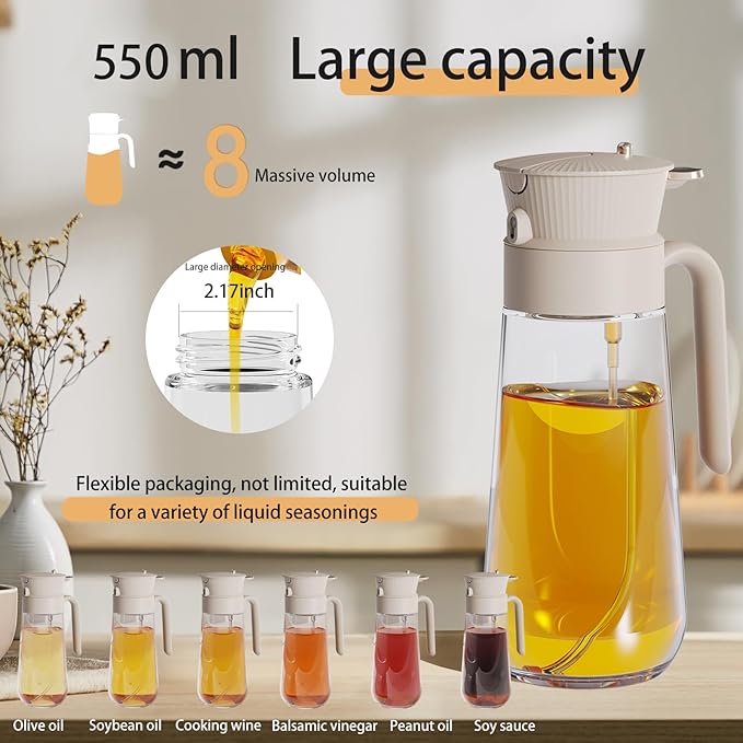 2025 New 18.6oz/550ml Olive Oil Sprayer for Cooking, Leak Glass Olive Oil Dispenser Bottle, 2 in 1 Oil Dispenser and Oil Sprayer, Switch Between Mist & Precision Pour for Air Fryer, BBQ, Salad,Baking