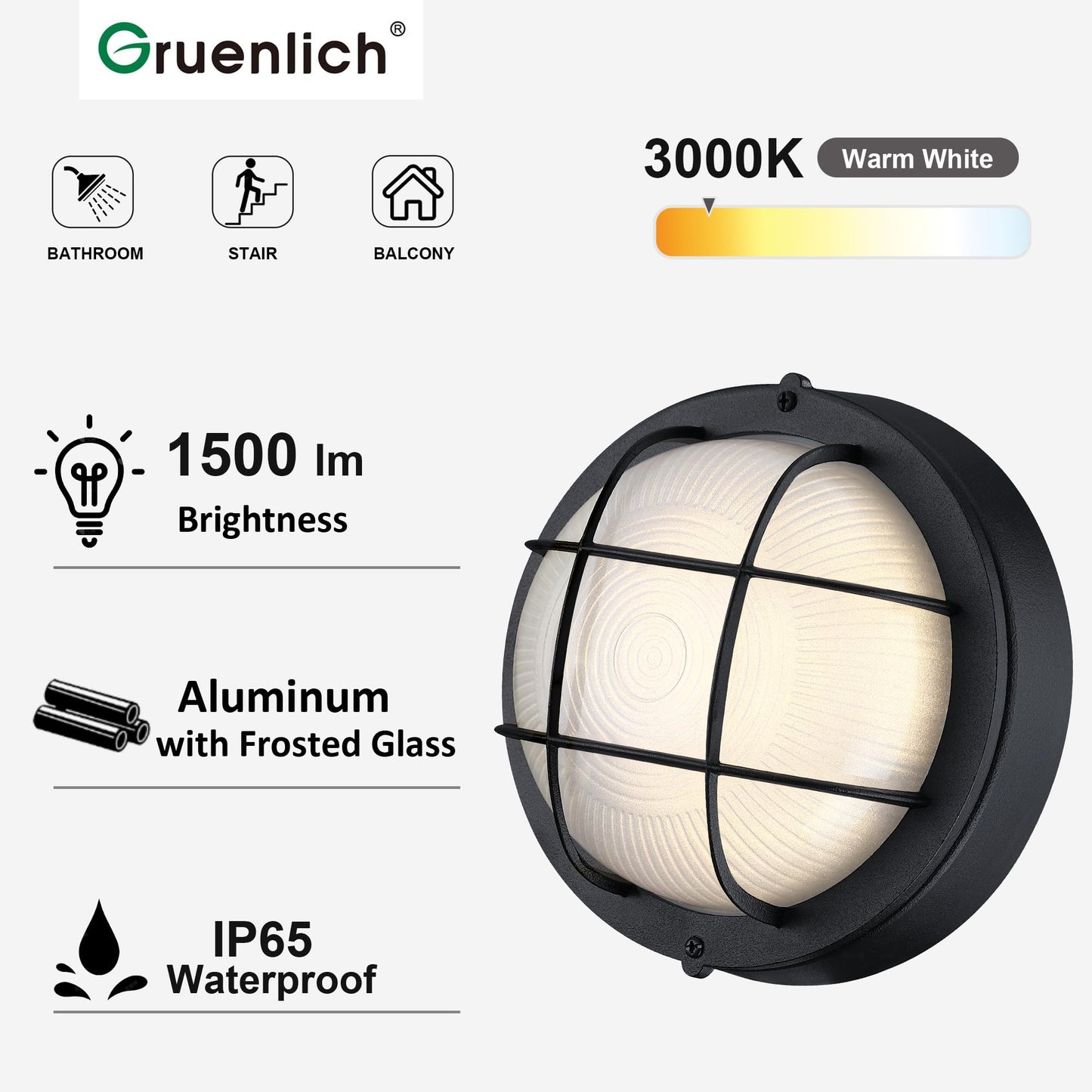 Gruenlich 8 Round Led Bulkhead Light Fixture  Outdoor Wall Lights Dimmable  Sauna & Exterior Lighting  Etl Rated  15W 1500 Lumen  3000K Warm White  Black Cast Aluminum  Wall/Ceiling Mount  1 Pack