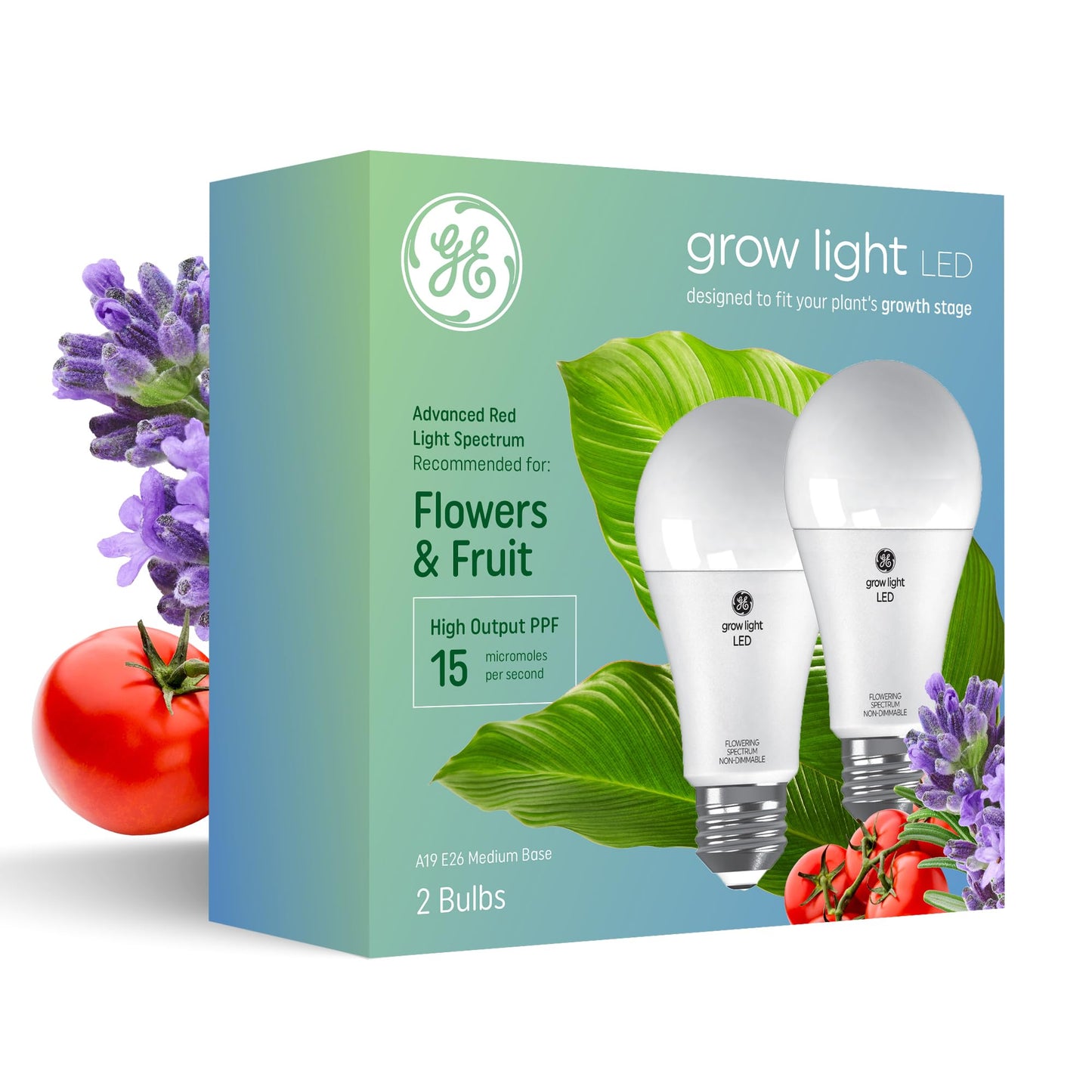 GE Lighting LED Grow Light Bulb, High Output PPF 15 µmol/s, A19, 2 Pack, for Flowers & Fruiting, Plastic
