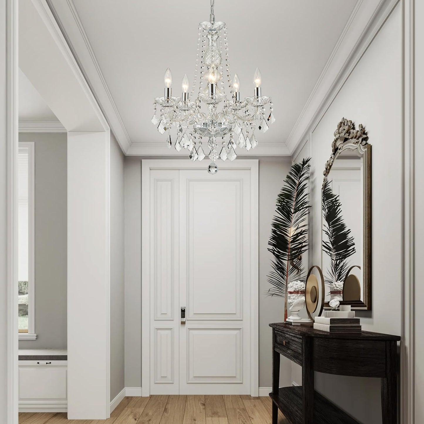 Wuzups 5-Light Crystal Candle Chandelier Pendant Ceiling Light Modern Lighting Fixture For Bedroom Hallway Bar Kitchen Bathroom  H 25 W 20  E12 Base  Chrome