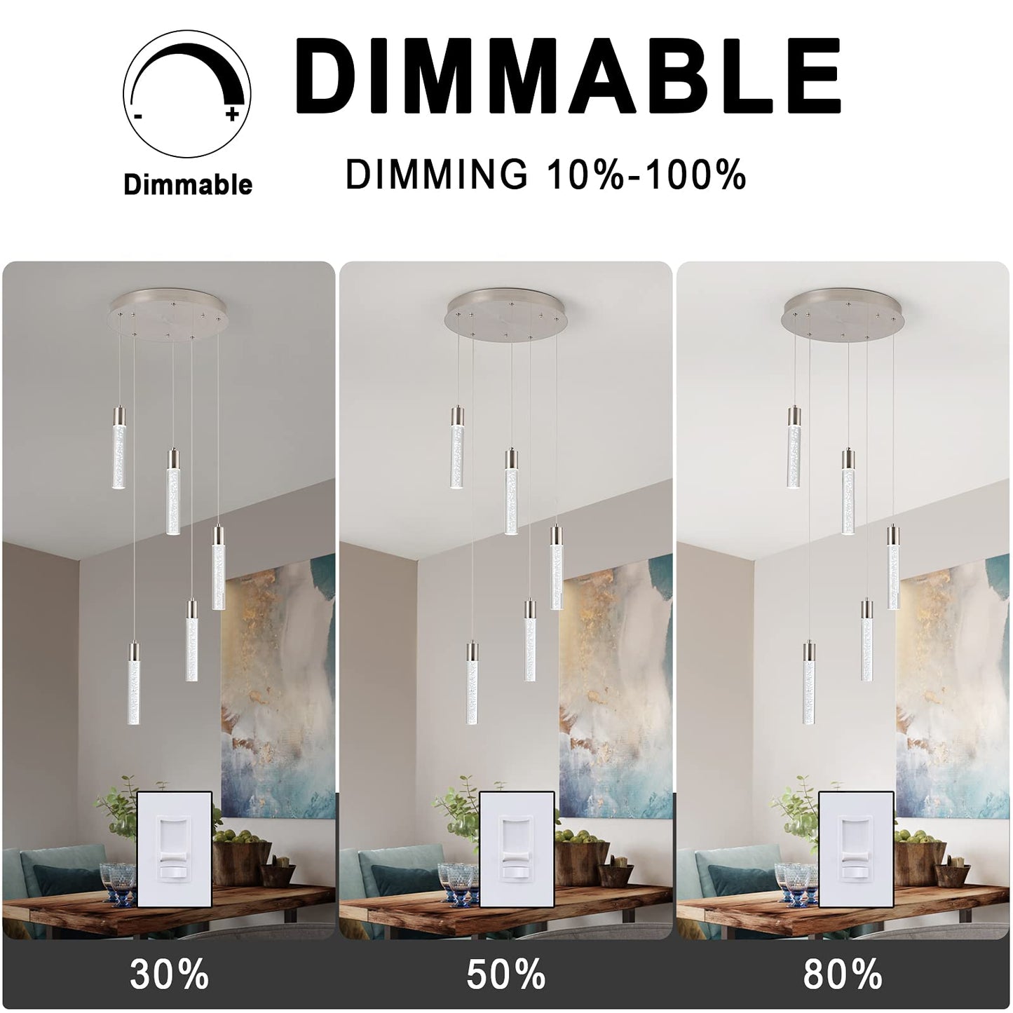votag 5-Light Pendant Light, Dimmable 40W, Modern Acrylic Lighting for Kitchen Island, Nickel Finish, Model A174