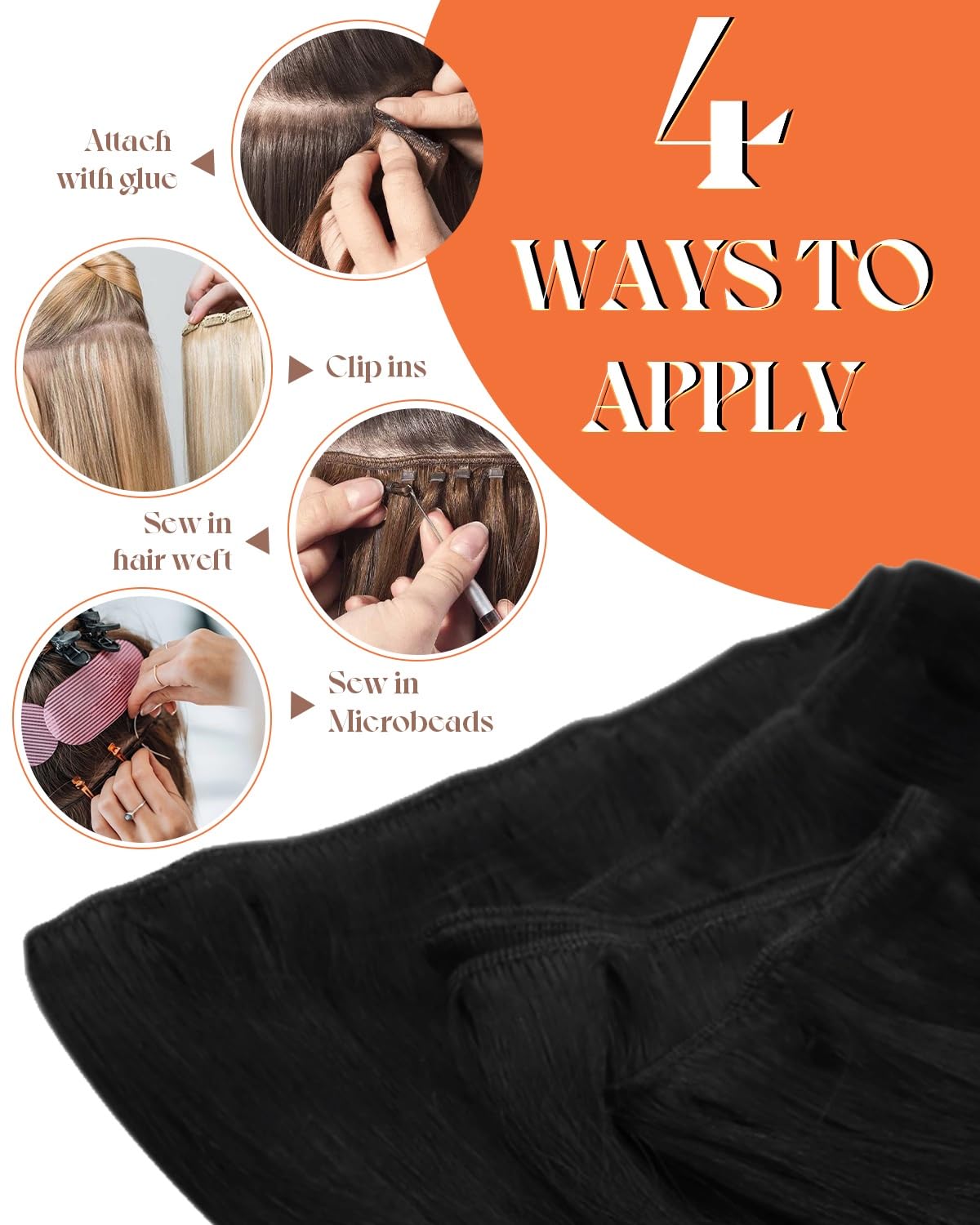 Sunny Hair Sew in Hair Extensions Real Human Hair 24inch Black Human Hair Weft Extensions Long Straight Hair Extensions Sew in J