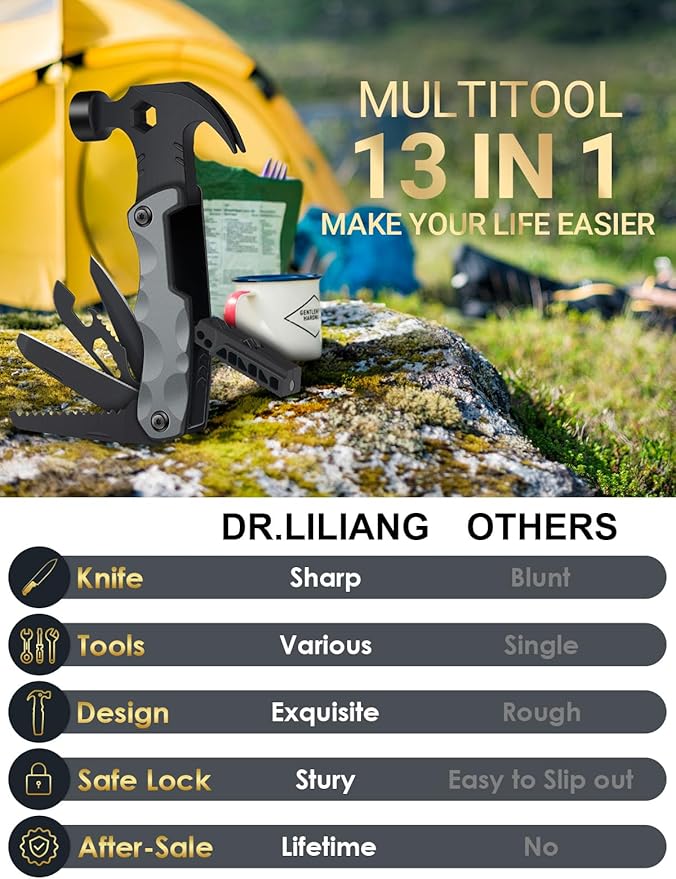 Multitool Camping Accessories Stocking Stuffers for Men Dad Gifts, 13 In 1 Survival Multi Tools Hammer Christmas Cool Gadgets for Adults Him Boyfriend Husband Grandpa Women Birthday Valentines Fathers