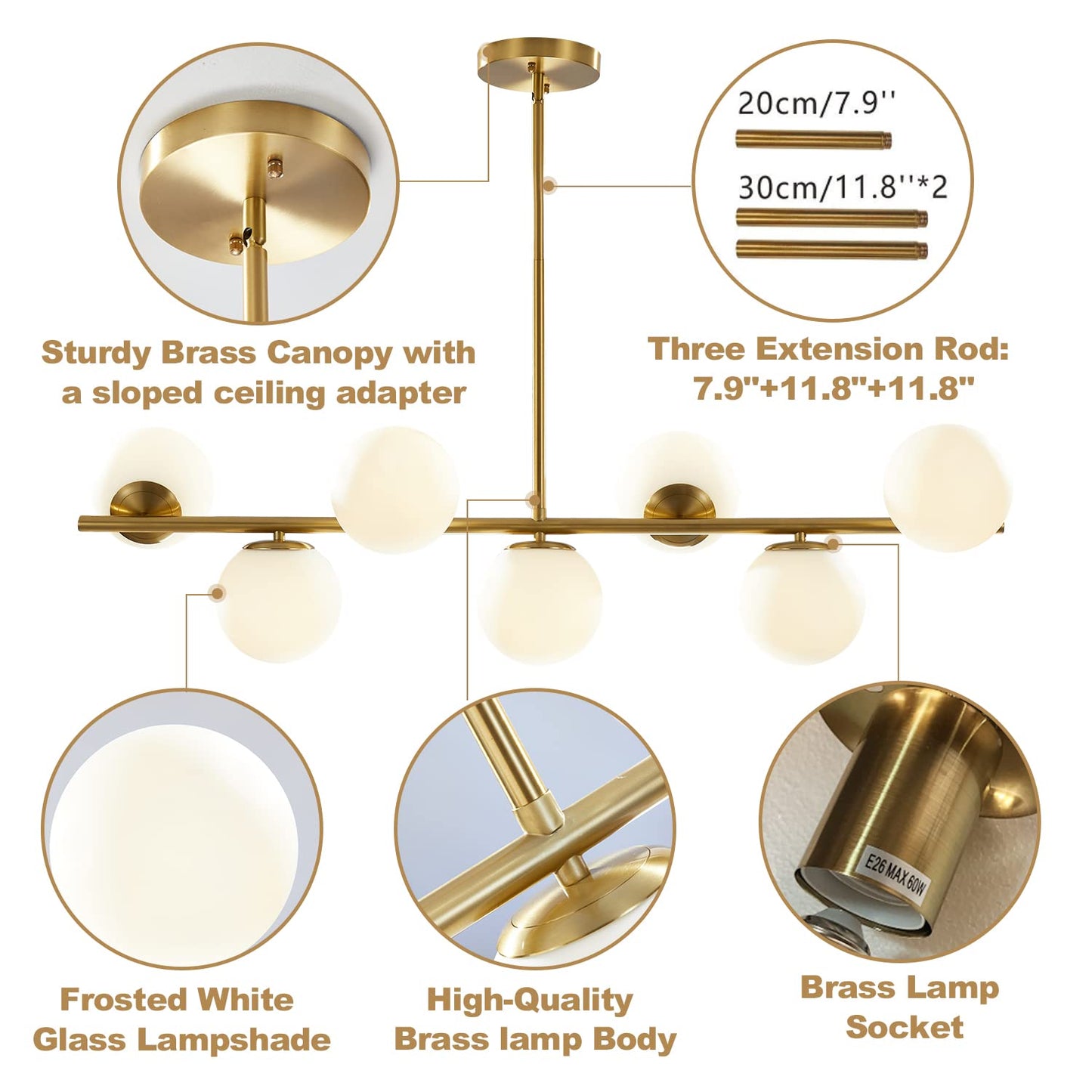 KCO Lighting Modern Brass Chandelier Pendant Light 7-Lights Glass Fixture Mid Century Gold and White L1043