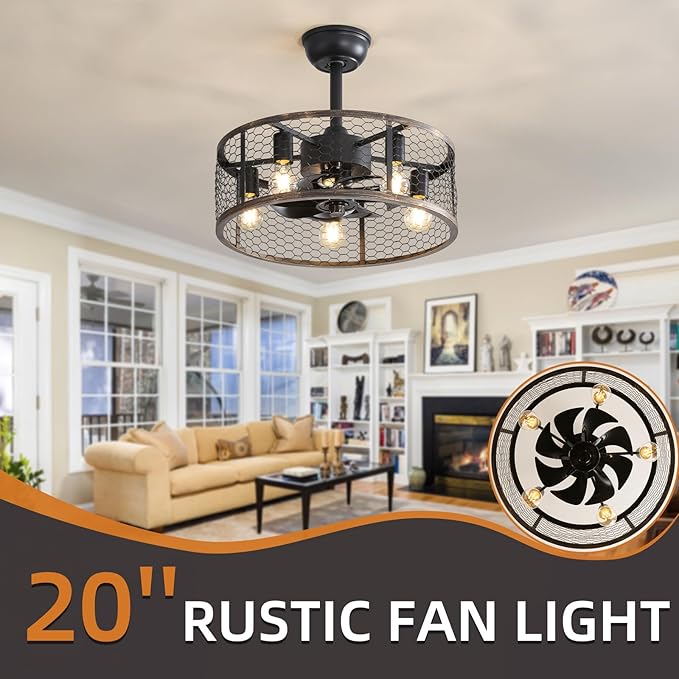 NicBex Ceiling Fan 20 Inch Ceiling Fans with Lights Caged Ceiling Fan with Blades and Remote Control Down Rod Mount Ceiling Fans for Bedroom, Living Room, Black Gray