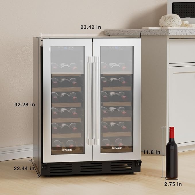 34 Bottles Wine Cooler, 24 Inch Wine Fridge Dual Zone, Built-in or Under Counter, 41-64°F Digital Touchscreen, Triple-Layer Glass, Two French Door Wine Cellar for Home, Commercial, Bar