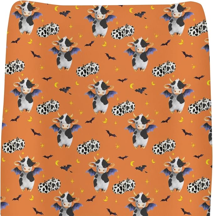 Halloween Cow Bats Pumpkins Baby Changing Pad Covers for Boy Girl Cute Cows Moon Stars Fitted Change Table Pad Covers Mats Spooky Farm Animal Soft Diaper Change Table Cover Sheets 32''×16'' Orange