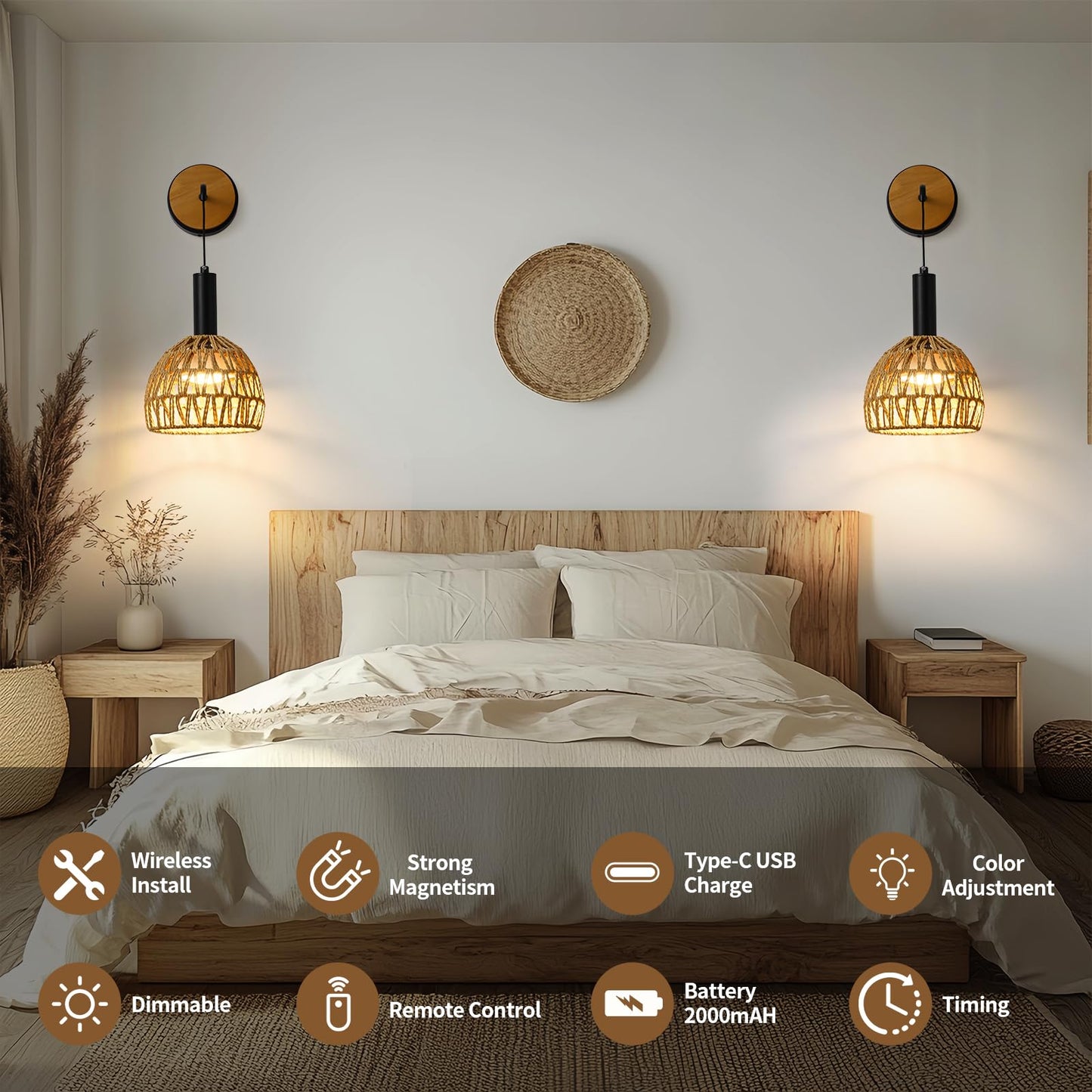 Zlierop Rattan Wall Sconce Set of 2, Battery Operated, Remote Control, Dimmable, Black, Model 630686ab
