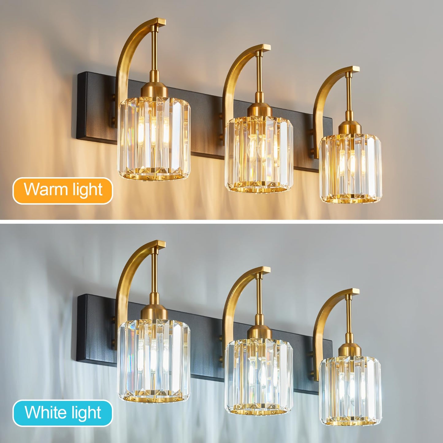 Fdpby 3-Light Crystal Vanity Light  Modern Black Gold Bathroom Wall Sconce With K9 Crystal Shades  23.62 Long Over Mirror Lighting For Vanity  Makeup  Hallway  Elegant & Durable