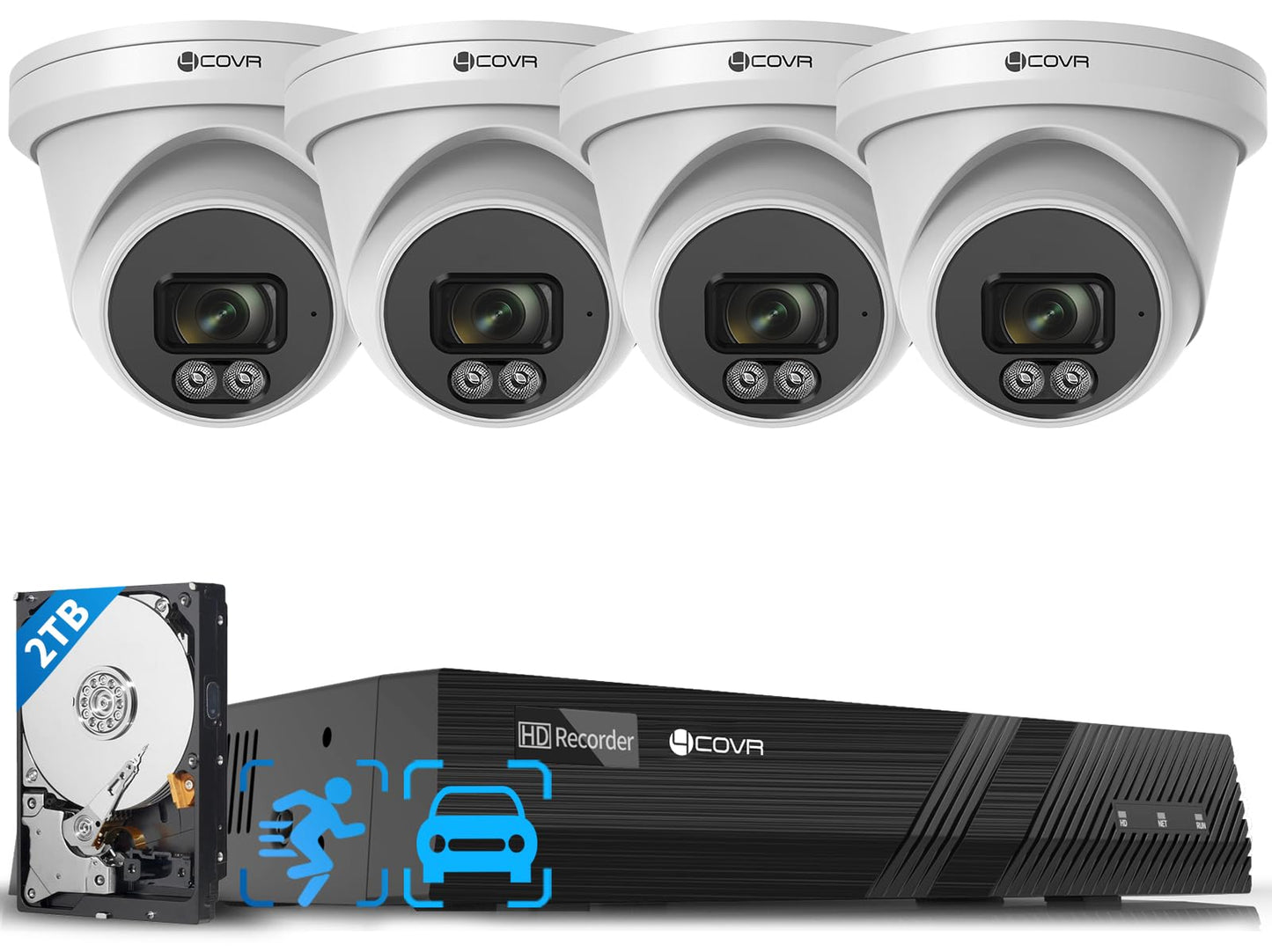 4COVR 4K Wired Security Camera System, Human Vehicle Detection, 4Pcs 8MP 2.8mm 110? Wide Angle Dome IP Camera with Mic, 8CH 8MP