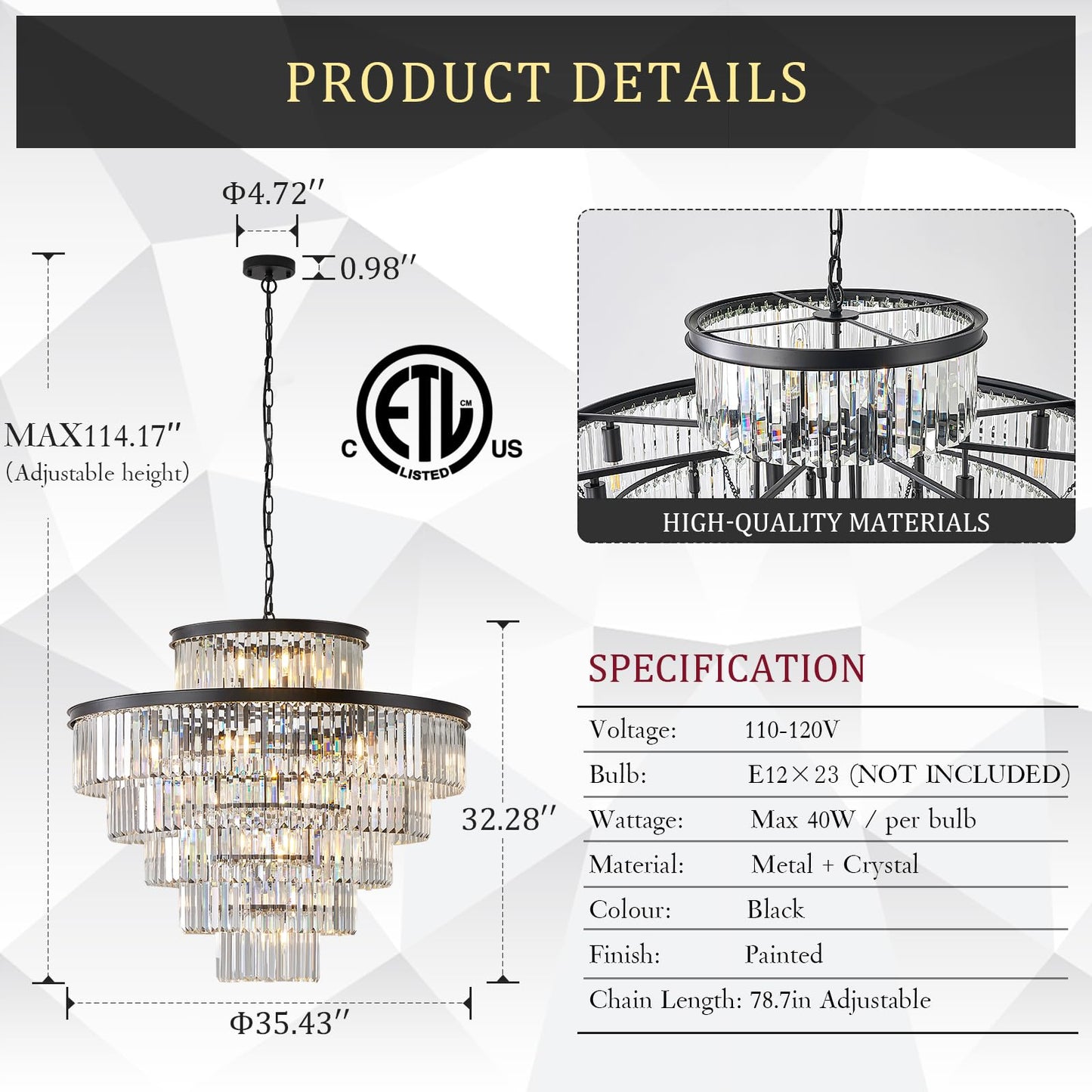Large Crystal Chandeliers 23 Lights 36 Modern Black stylish Chandelier For Foyer Staircase Chandeliers 6 Tiers Round K9 Ceiling Pendant Lighting Fixture For Living Dining Room