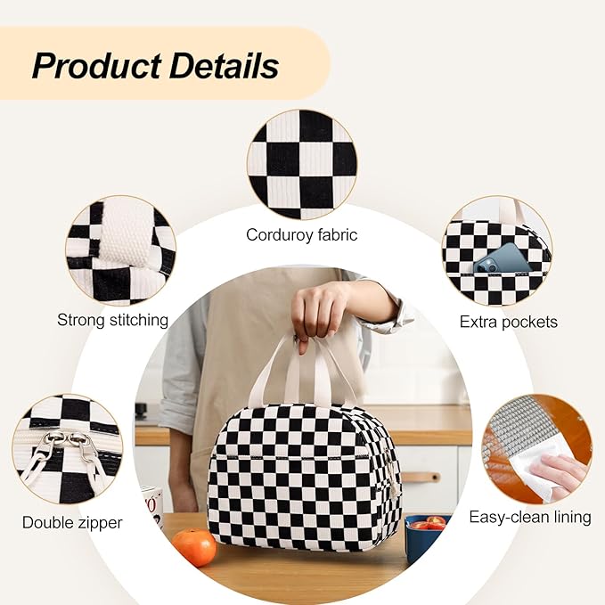 Lunch Box for Women,Cute Corduroy Lunch Tote Bag,Reusable Insulated Lunch Box,Large Capacity Cooler Bag with Compartments for Work, Picnics or Travelling