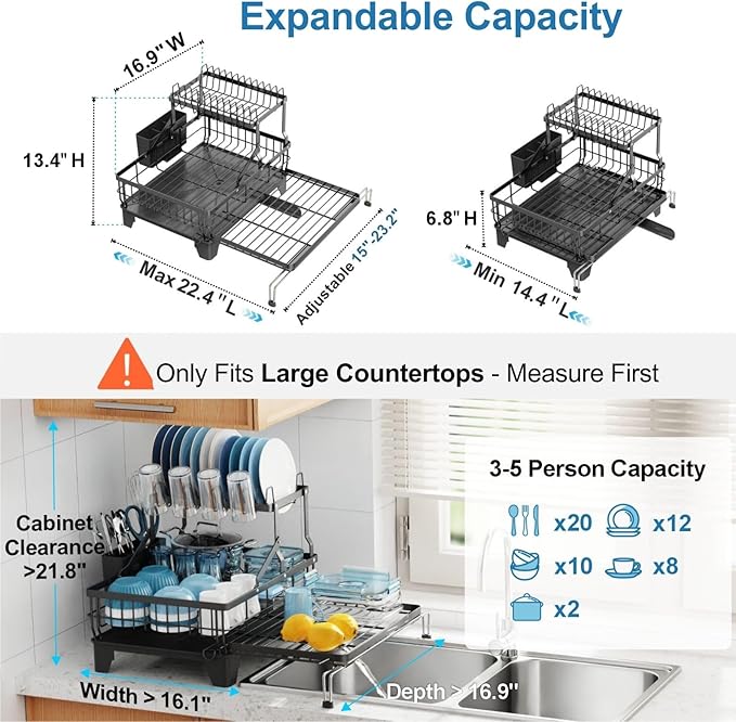 GSlife Large Dish Drying Rack - Extendable 2-in-1 Dish Racks for Kitchen Counter or Over Sink, 2 Tier Dish Drainer with Drainboard, Cups Holder and Utensil Holder, 14.4"-22.4" L x 16.9" W, Black