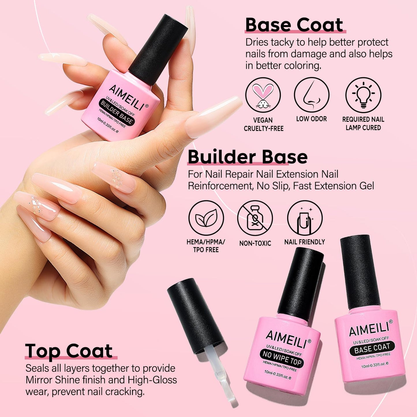 AIMEILI Builder Nail Gel, Base Coat, and No Wipe Top Coat Kit Set 3 Pcs 10ML Soak Off U V LED Gel Nail Polish