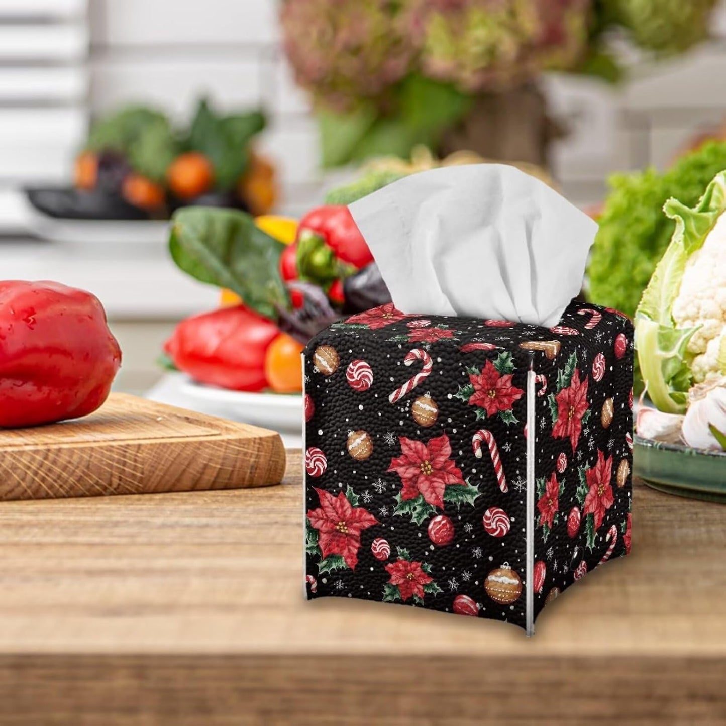 Christmas Tissue Box Cover Poinsettia Tissue Paper Box Leather Waterproof Napkin Dispenser Organizer Holder Holiday Home Facial Paper Dispenser for Office Bedroom Car