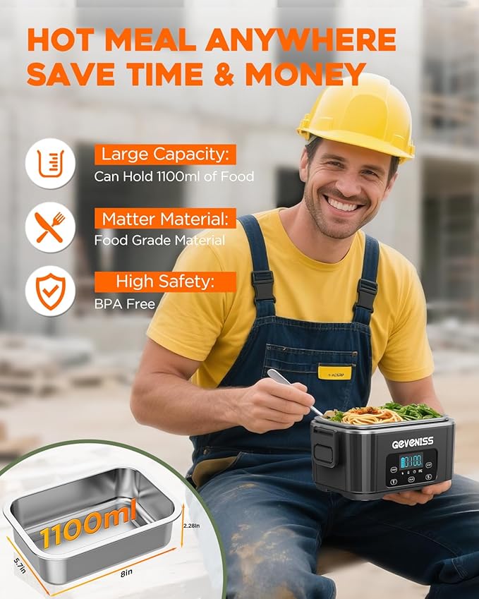 Cordless Electric Lunch Box for Adults – Battery-Powered Heated Lunch Box Food Warmer with 1.1L Stainless Steel Container, Timer Function, Leakproof, Portable for Work, Travel, Office
