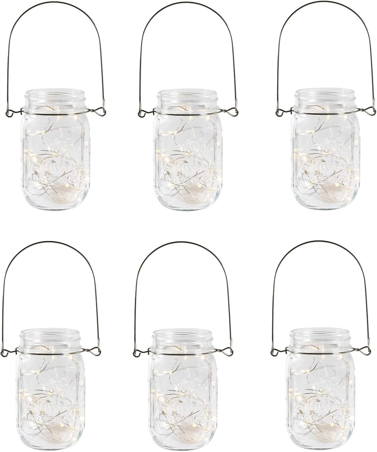 Pint Glass Mason Jars with Hangers and LED Fairy Lights Set of 6