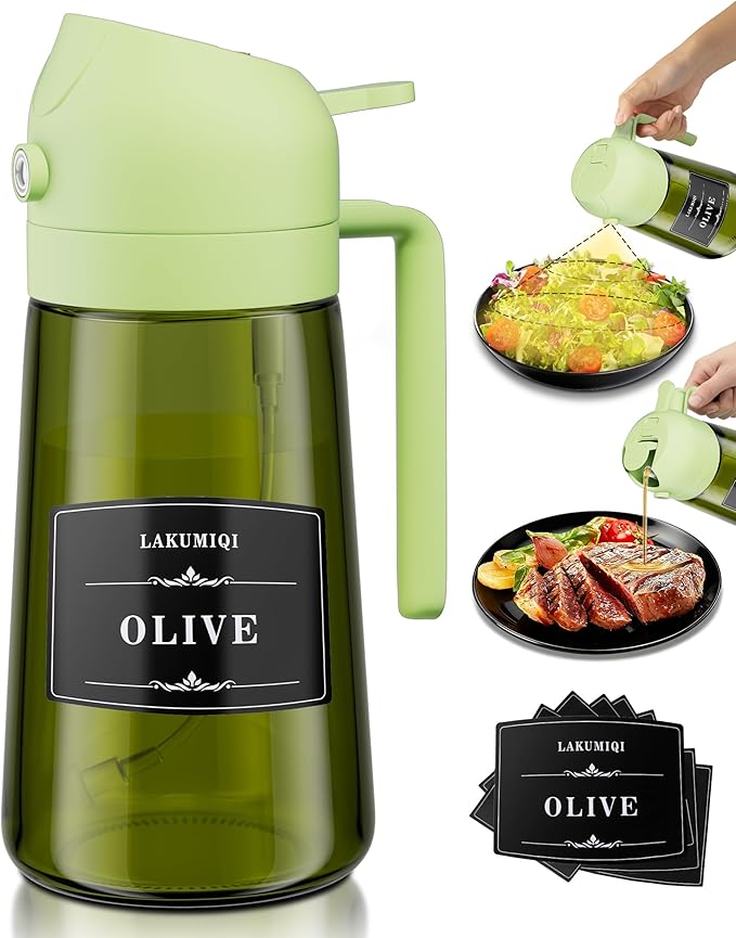2 in 1 Oil Sprayer for Cooking 16oz, Green Light-Blocking Glass Olive Oil Dispenser Bottle, Food-Grade Oil Mister with 8 Stickers for Kitchen Salad Frying