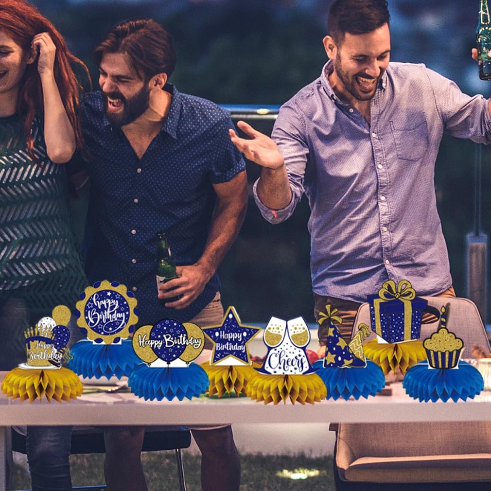 8Pcs Happy Birthday Decorations for Men Blue and Gold Honeycomb Centerpiece Baby Shower Supplies Blue Birthday Decorations