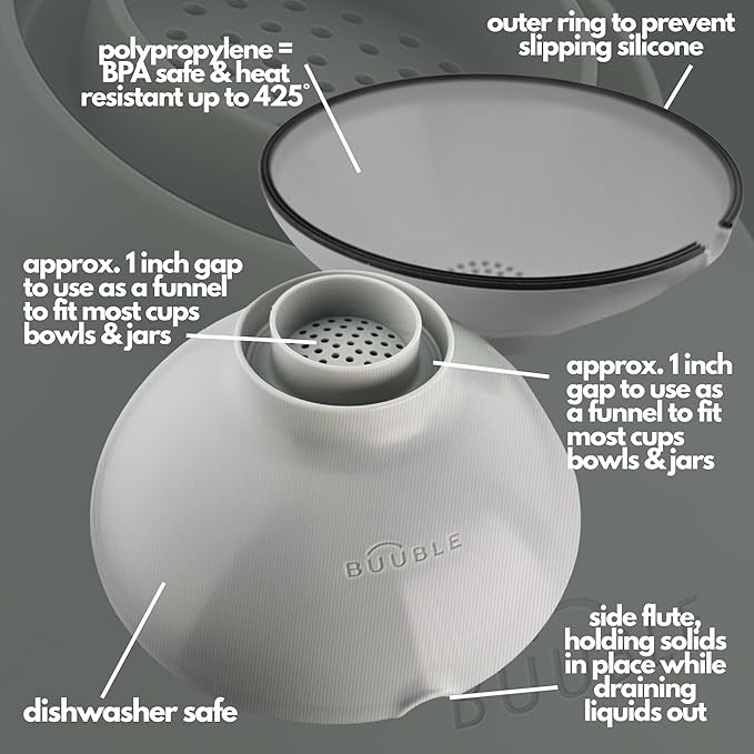 Ultimate Grease Drainer & Food Strainer (Gray) Premium Heat-Resistant Silicone Colander for Bacon, Ground Beef, Pasta & Veggies; Fits Pans, Cans & Jars; Dishwasher Safe