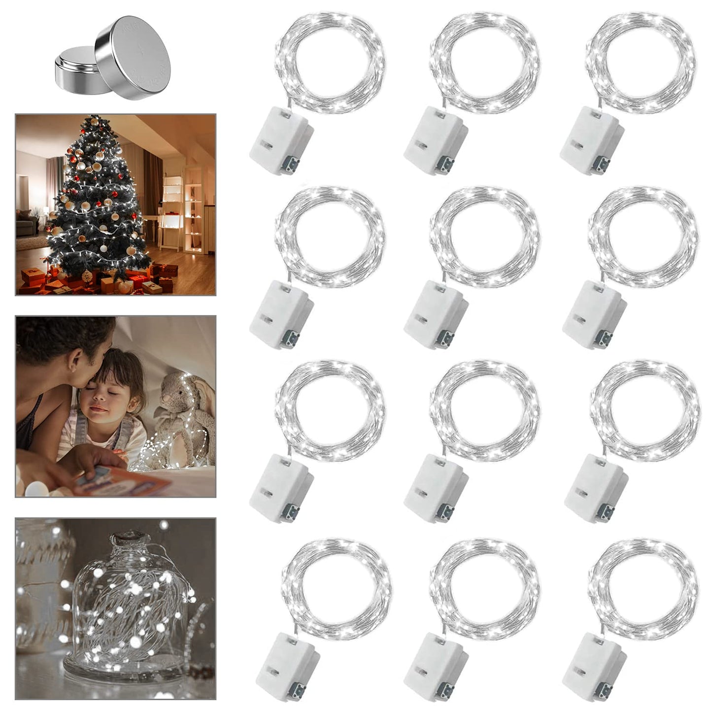 Merfino 12 Pack Battery Operated Fairy Lights, 20 LED, 7Ft, Waterproof Silver Wire, 3 Speed Modes, White, Model ZLDC01#