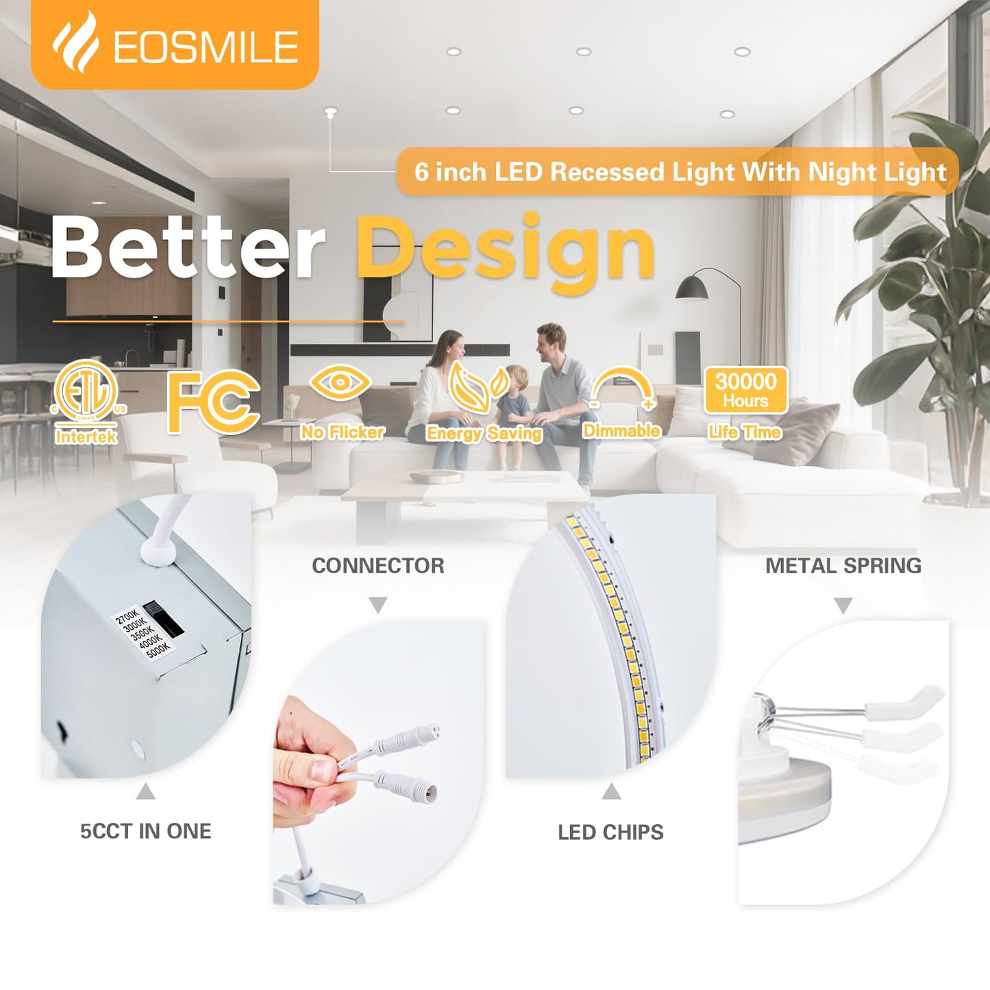 Eosmile 6 Inch Black Recessed Lighting With Night Light 16 Pack Canless Wafer  12W  120V  1100Lm  2700K-5000K Selectable  Dimmable  Etl Fcc