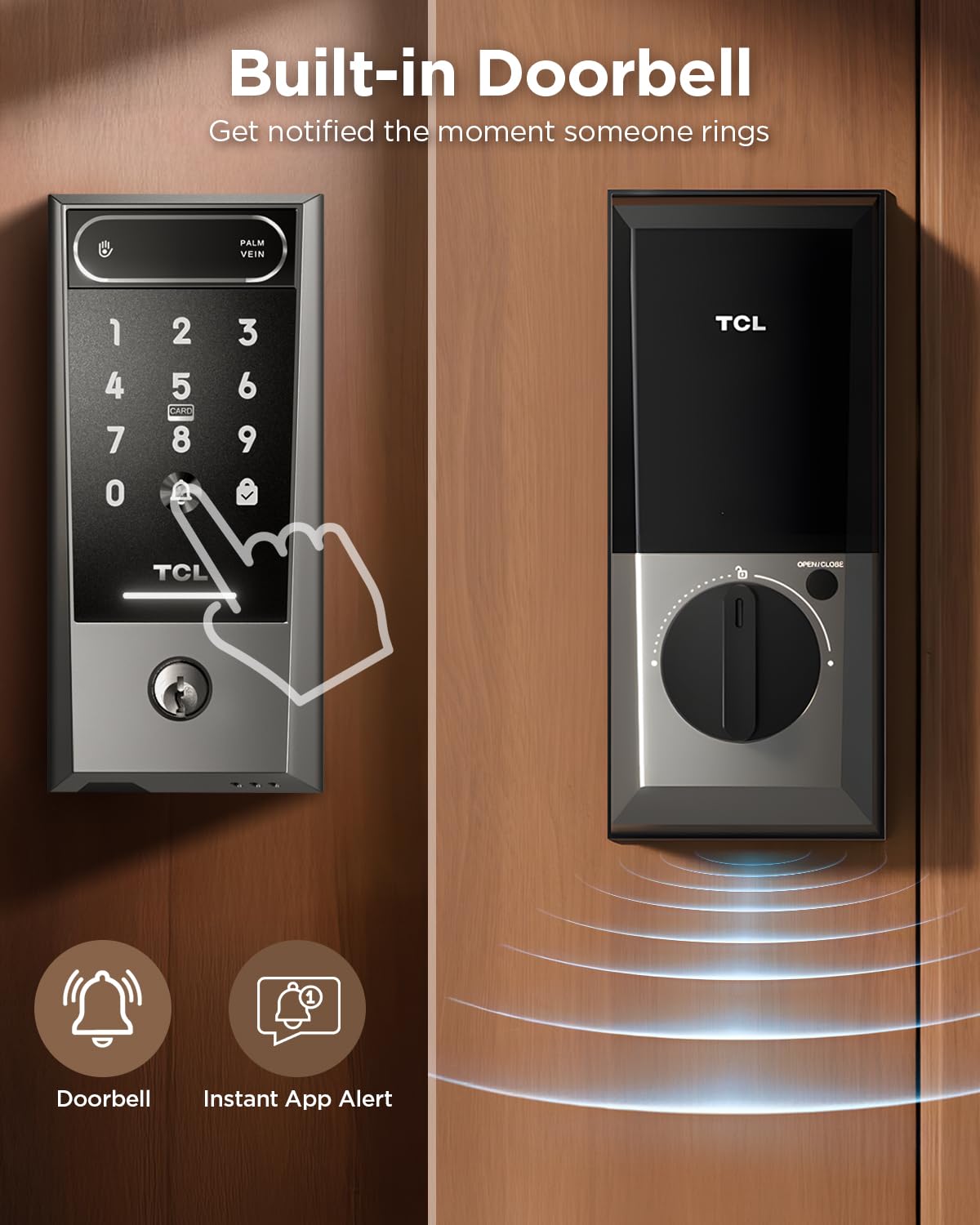 TCL D2 Pro Smart Lock with Palm Vein Recognition, Wi-Fi Keyless Entry Deadbolt Door Lock, Built-in Doorbell, IP55 Waterproof, 10000mAh Rechargeable Battery, Auto Lock for Front Door (Dark Grey)