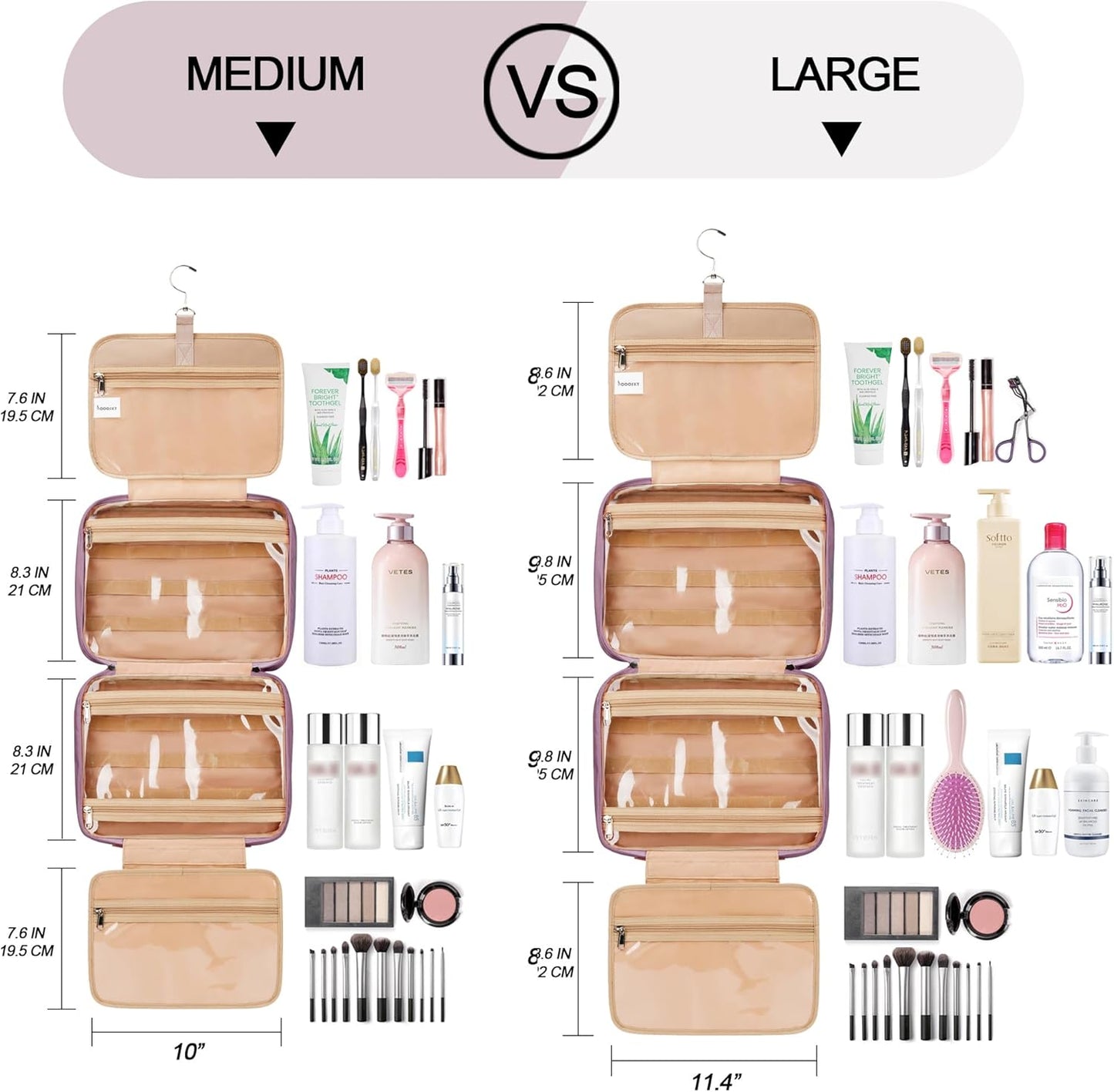 Travel Hanging Toiletry Bag for Women and Men, with 8 Leak Proofing Silicone Bottle Covers, Waterproof Makeup Accessories, Cosmetic Essentials, Toiletries Dopp Kit Set with Jewelry Organizer, Purple