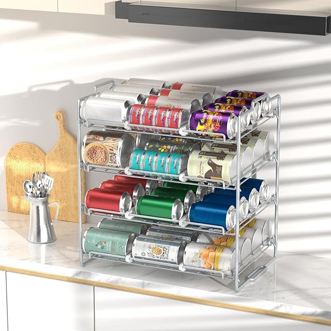 4 Tiers Stackable Can Rack Organizer, Wear-resistant Upgrade Beverage Food Can Dispenser Holder Holds up to 48 Cans for Kitchen Cabinet and Pantry (Silver)