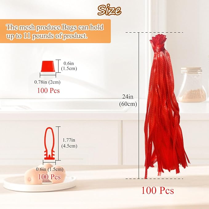 Limso 100 PCS Seafood Boiling Bags, 24 Inch Seafood Bag Onion Bag Mesh Nylon Netting, Reusable Mesh Produce Bags, With Loop-Style Closures (Red)