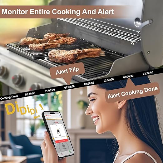 Premium WiFi sub-1G Wireless Meat Thermometer with Unlimited Range, 7 NIST-Certified Sensors, IP68 Waterproof, APP& Smart Magnetic Digital Base for BBQ, Grill, Oven & Smoker (1, Grey, Small)