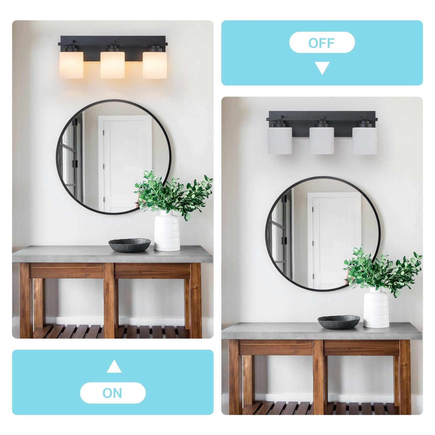 BrkNit 3 Light Modern Bathroom Light Fixtures Over Mirror, Black Vanity Lights for Bathroom Wall Sconces with Milky White Glass Shades, E26 Socket (Bulbs Not Included)