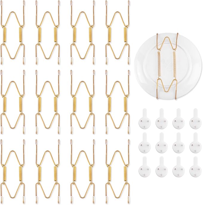 Bilillo 12 Pieces Plate Wall Hangers for Display - Invisible Plates Hanger, Stainless Steel Plate Holders with 12 Pieces Wall Hooks for 4-5 Inch Decorative Plates and Arts (Gold)
