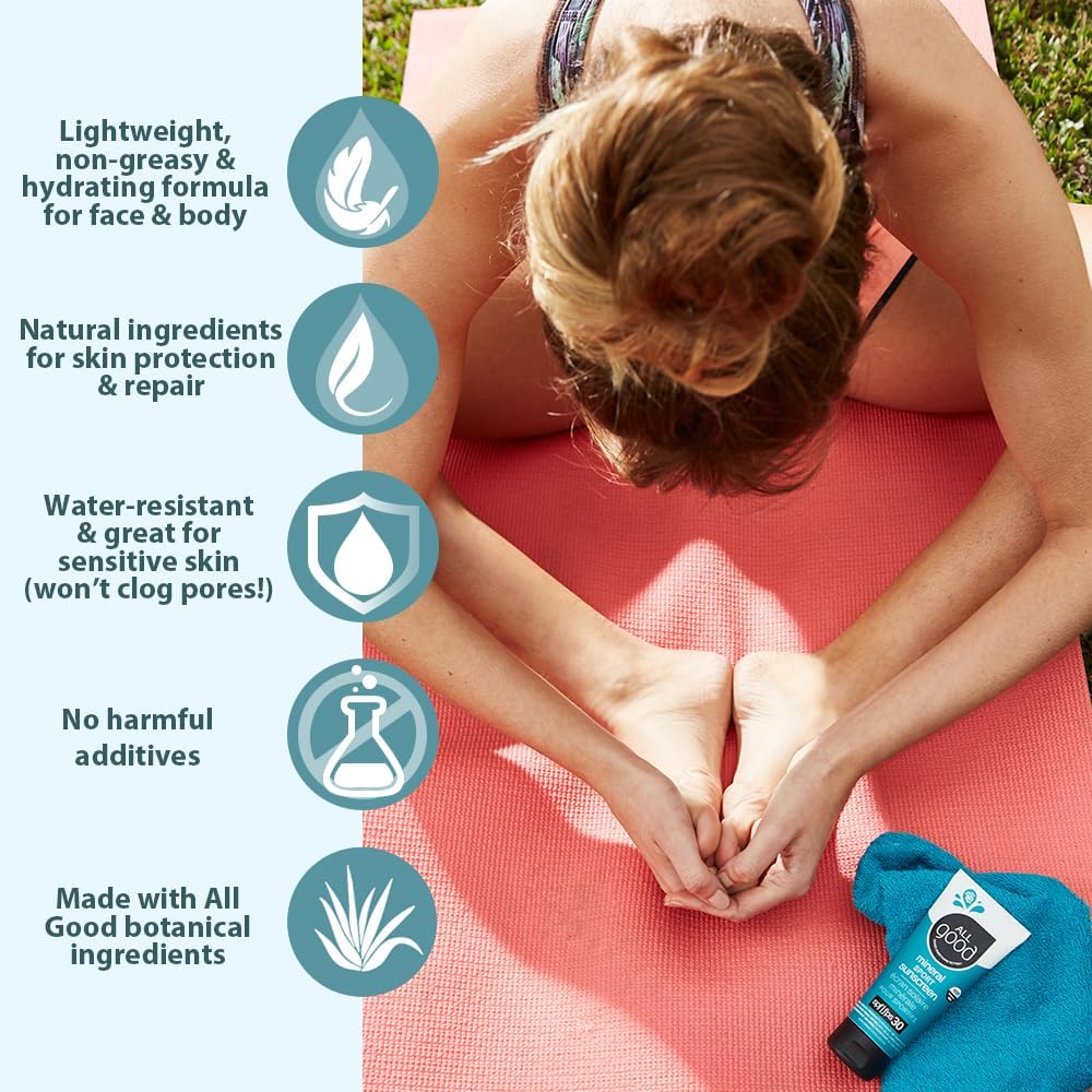 All Good Sunscreen - Sport Mineral Sunscreen Lotion, Reef Friendly, SPF 30+ for Face & Body, Water & Sweat Resistant, 2-pack (3