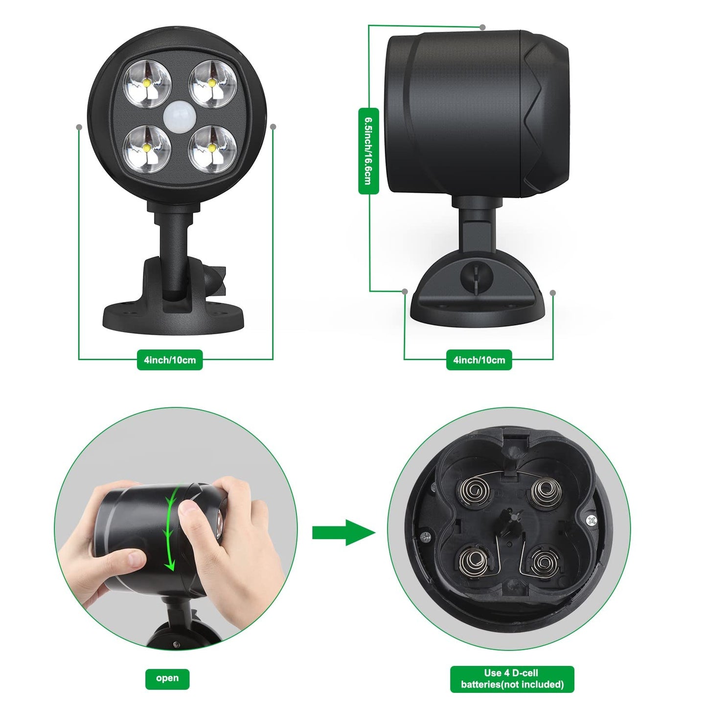 Quiltered Motion Sensor Outdoor Lights, Battery Operated Outdoor Light, 600LM Motion Detector Lights for Outside, 6000K LED Security Light Battery Powered Spotlight for House Wall, Black(2 Pack)