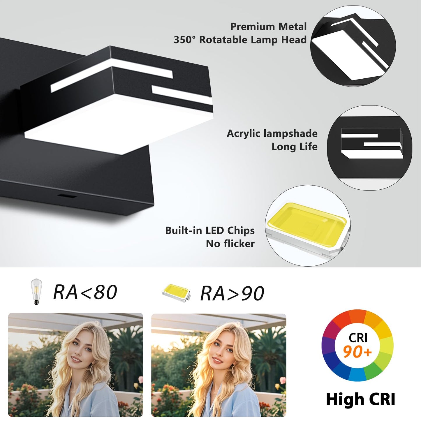 Lkhf Led Modern Bathroom Vanity Light Fixtures 3-Light 5Cct Dimmable Matte Black Vanity Lights For Bathroom Lighting Fixtures Over Mirror  With 350?Rotatable Acrylic Heads  22-Inch