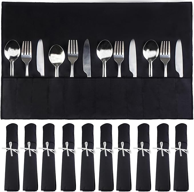 10 Pcs Black Silverware Organizer,Silver Storage Cloth Felt Flatware Organizer, Silver Protector Bags, Place Setting Roll with Stylish White Ribbon for All Kitchen Cutlery Utensil