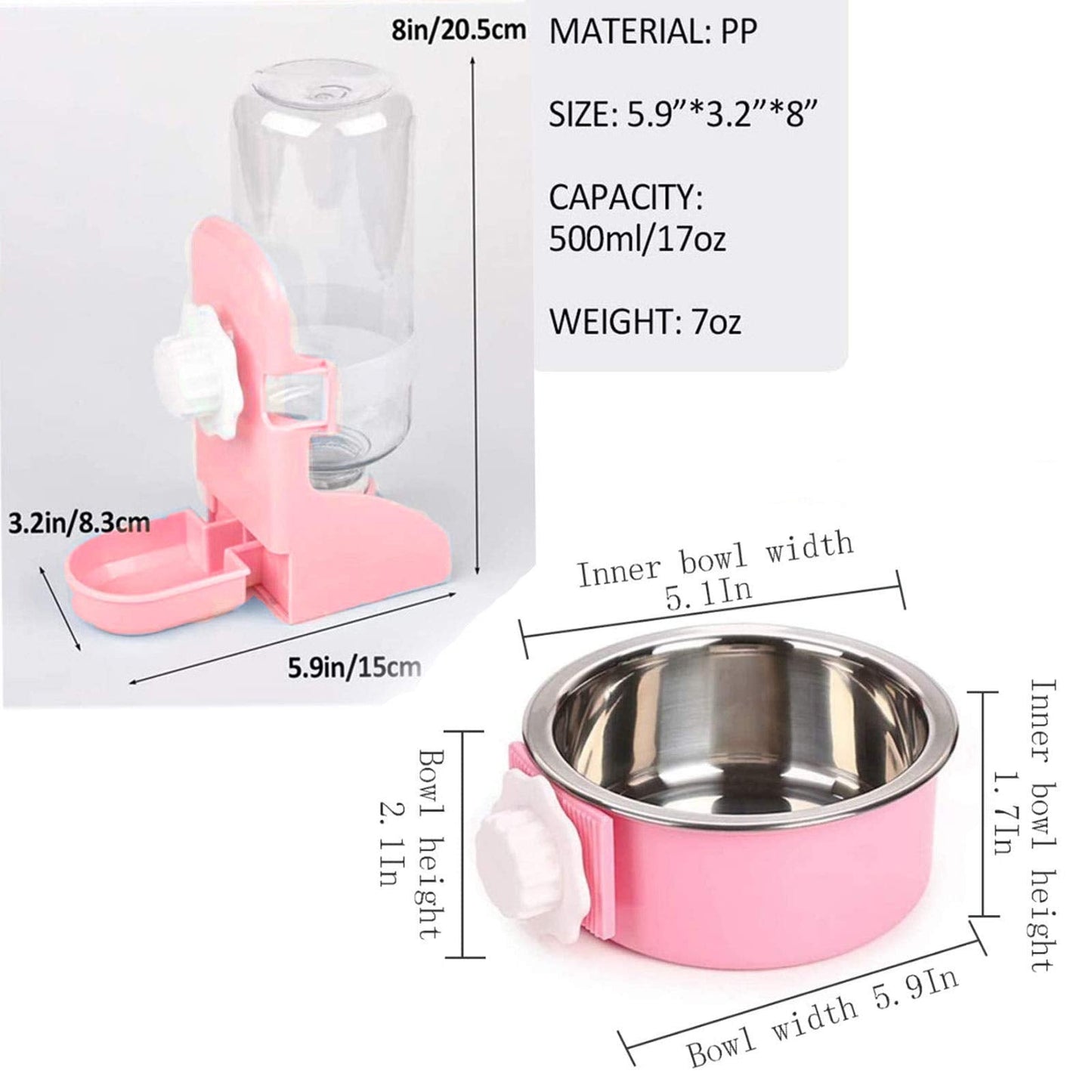 kathson Rabbit Suspended Feeder Dispenser Hanging Water Fountain Automatic Bottle,Crate Bowl Removable Plastic Stainless Steel Pet Cage Coop Cup with Bolt Holder Set for Bunny Cat Dog and Other Animal