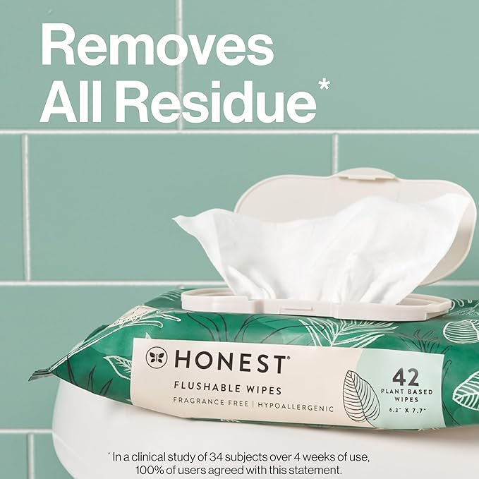 The Honest Company Flushable Wipes for Sensitive Skin, Fragrance-Free Hypoallergenic pH-Balanced Feminine Wipes, 99% Water Safe-to-Flush Wipes, Tropical Leaves, 126 Count