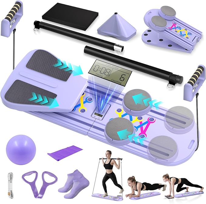 Pilates Board, Foldable Pilates Reformer Set for Home Workout with Timer, Multifunctional Portable Reformer Pilates Machin...
