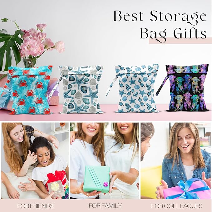 4 Pack Wet Bag for Swimsuit, Beach Travel Essentials Wet Dry Bag, for Sunscreen Toiletry Dirty Clothes Yoga Gym Diaper, Friend Summer Beach Vacation Gifts. Crabs, starfish, jellyfish
