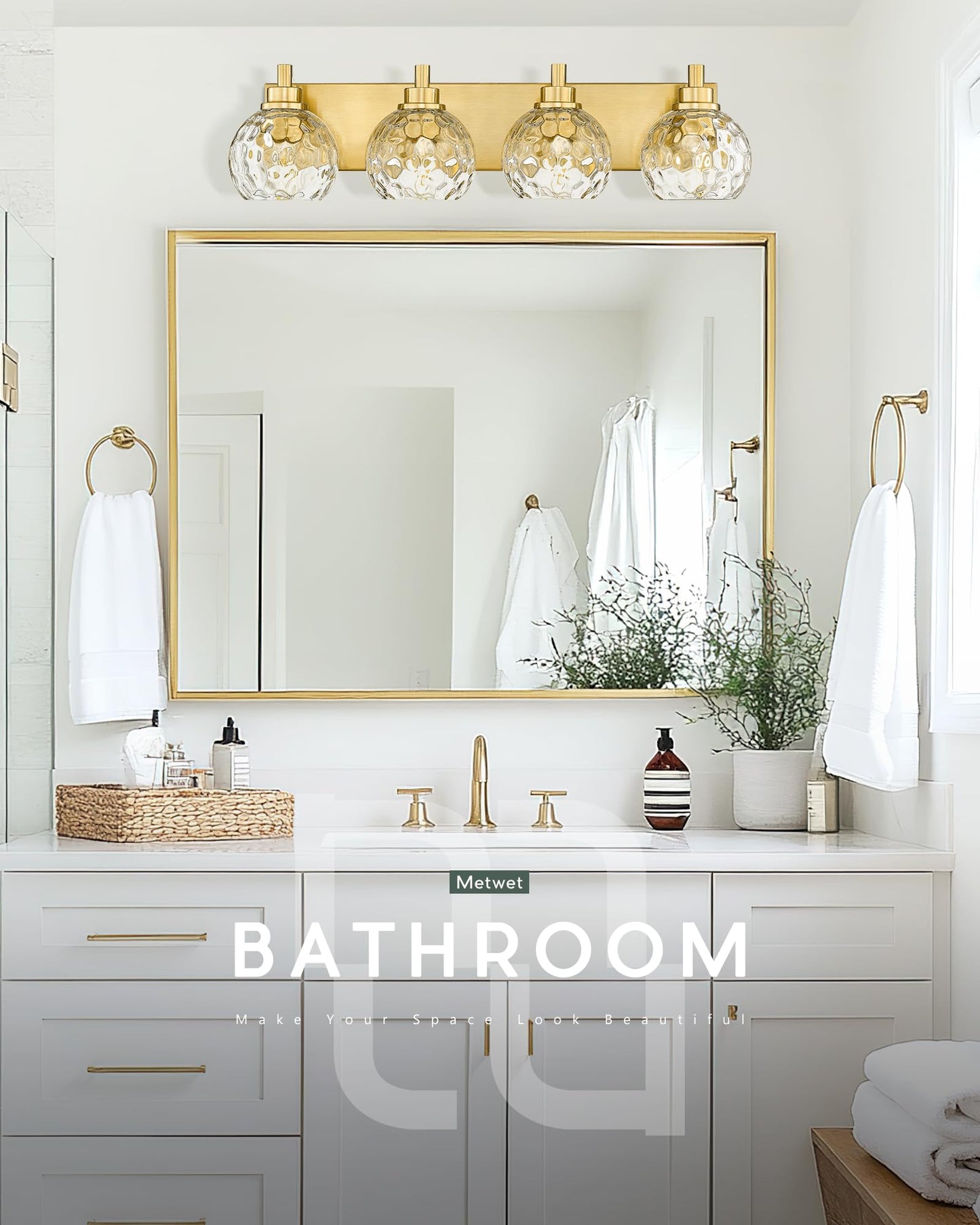 Metwet Bathroom Light Fixtures Over Mirror  26  Brushed Gold Bathroom Vanity Light With Clear Hammered Glass Globe Shade  4-Light Modern Sconces Wall Lighting  Vl200-Bg-Cl-4